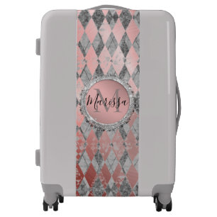 Silvery Pink Glittery Harlequin Monogram   Luggage
