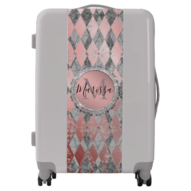 Silvery Pink Glittery Harlequin Monogram   Luggage (Front)