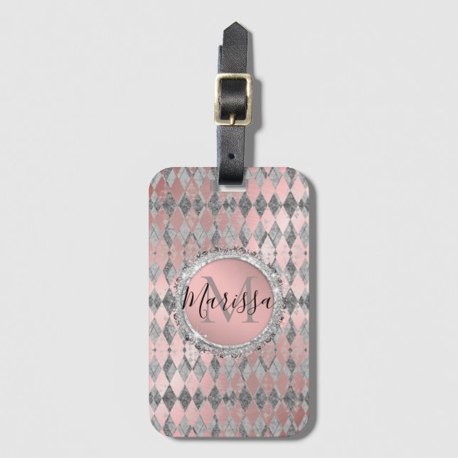 Silvery Pink Glittery Harlequin Monogram   Luggage Tag (Front Vertical)