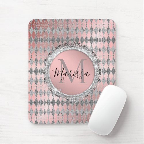 Silvery Pink Glittery Harlequin Monogram   Mouse Pad