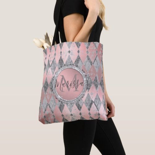 Silvery Pink Glittery Harlequin Monogram Tote Bag