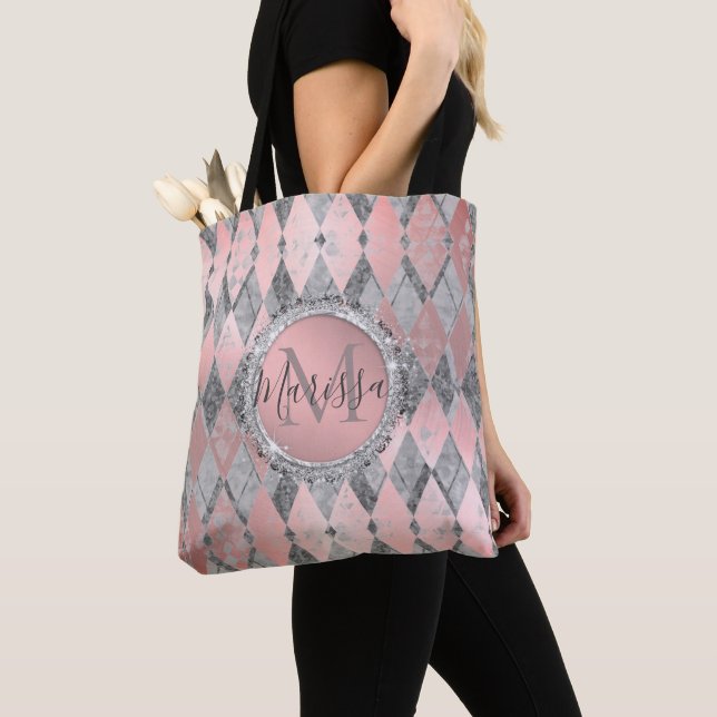 Silvery Pink Glittery Harlequin Monogram Tote Bag (Close Up)