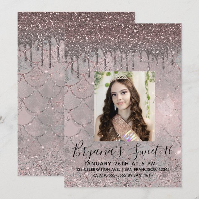 Silvery Pink Rose Gold Glitter Drip Sweet 16 Photo Invitation (Front/Back)