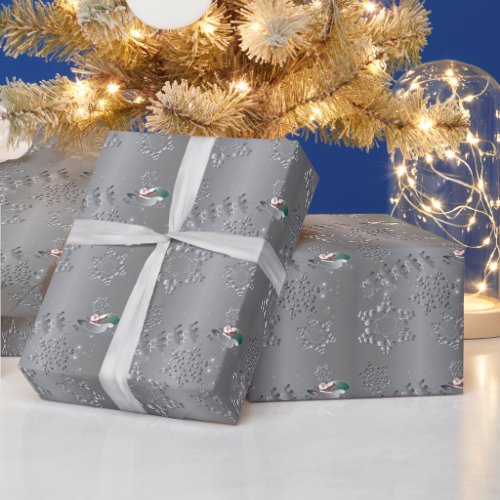 Silvery Reindeer  Santa Snowflakes Wrapping Paper