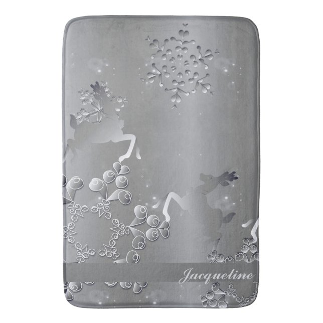 Silvery Reindeer & Snowflakes Bath Mat (Front Vertical)