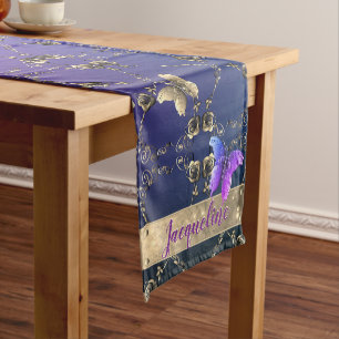 Silvery Rose Hearts & Butterflies w/Name Short Table Runner