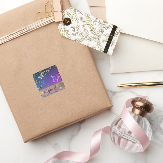 Silvery Roses Purple Gradient w/Name   Square Sticker (Gifting)