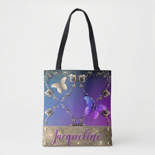 Silvery Roses Purple Gradient wName  Tote Bag