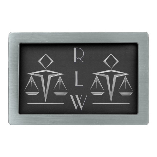 Silvery Scales of Justice on Black_Personalized Rectangular Belt Buckle (Front)