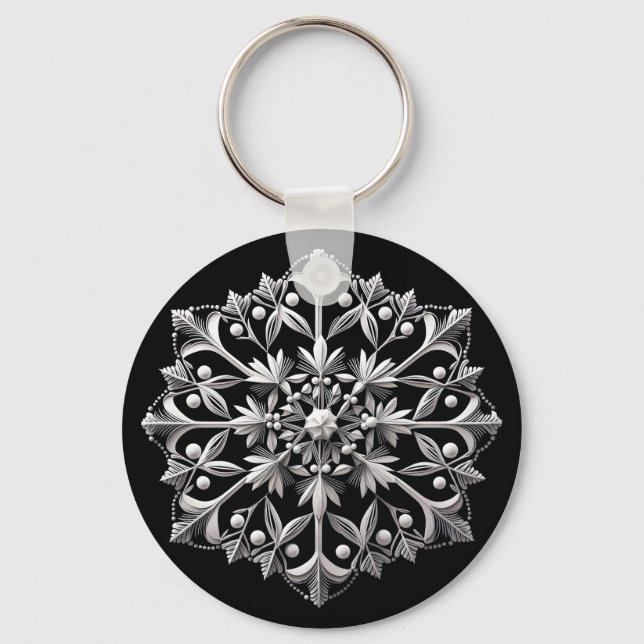 Silvery Snowflake on Black Keychain (Front)