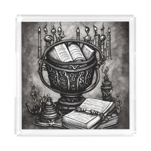 Silvery Steampunk Cauldron Spellbooks and Potions Acrylic Tray