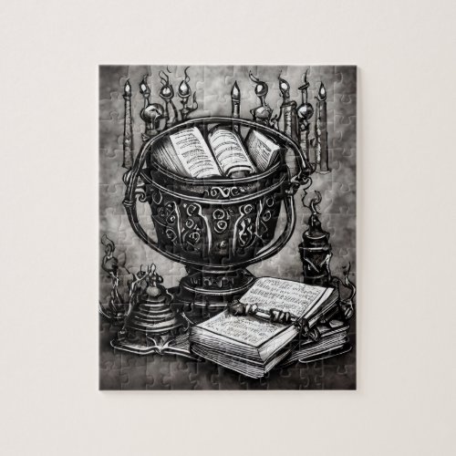 Silvery Steampunk Cauldron Spellbooks and Potions Jigsaw Puzzle