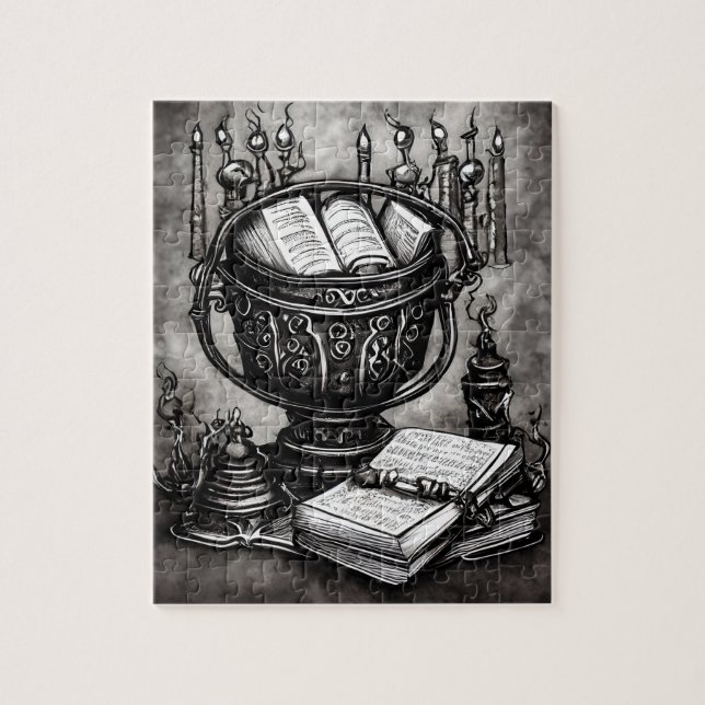 Silvery Steampunk Cauldron Spellbooks and Potions Jigsaw Puzzle (Vertical)