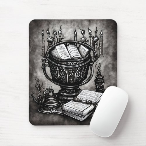 Silvery Steampunk Cauldron Spellbooks and Potions Mouse Pad