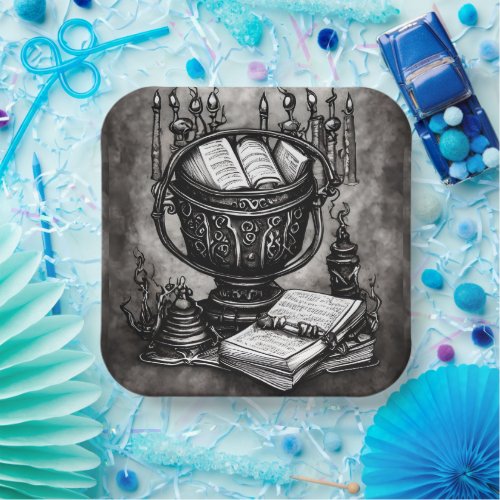 Silvery Steampunk Cauldron Spellbooks and Potions Paper Plates