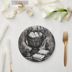 Silvery Steampunk Cauldron Spellbooks and Potions Paper Plates