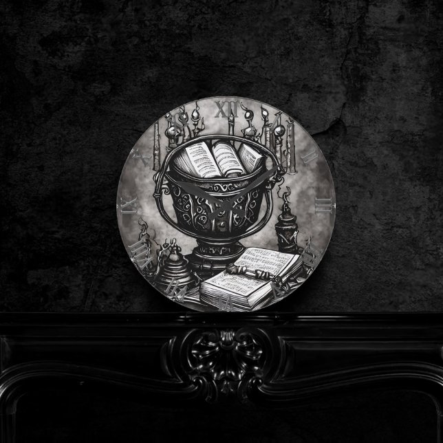 Silvery Steampunk Cauldron Spellbooks and Potions Round Clock (Creator Uploaded)