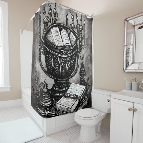 Silvery Steampunk Cauldron Spellbooks and Potions Shower Curtain
