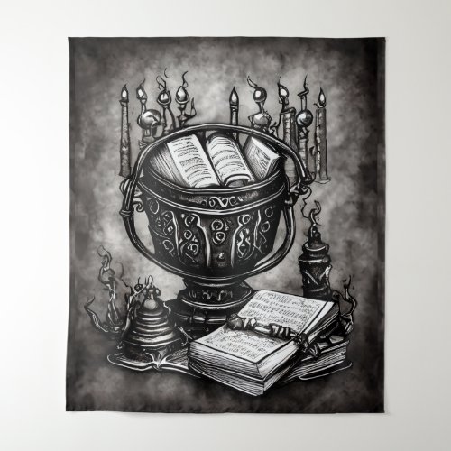 Silvery Steampunk Cauldron Spellbooks and Potions Tapestry