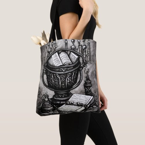Silvery Steampunk Cauldron Spellbooks and Potions Tote Bag
