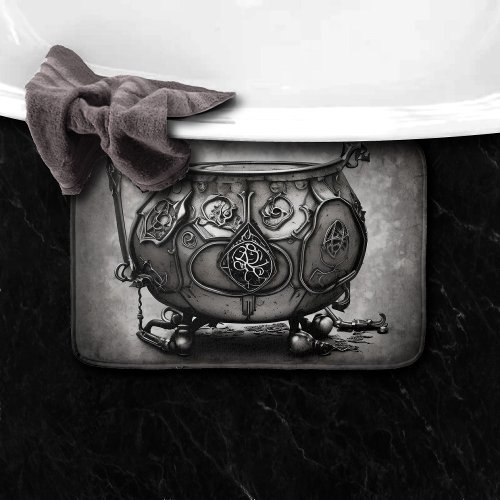 Silvery Steampunk Cauldron with Ornate Magic Sigil Bath Mat