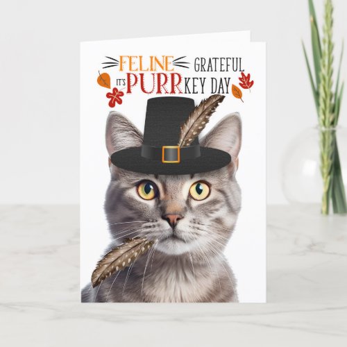 Silvery Tabby Cat Feline Grateful for PURRkey Day Holiday Card