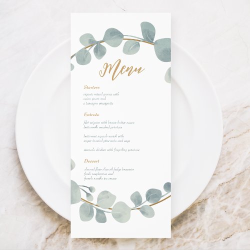 Silvery Watercolor Eucalyptus Wedding Menu Card