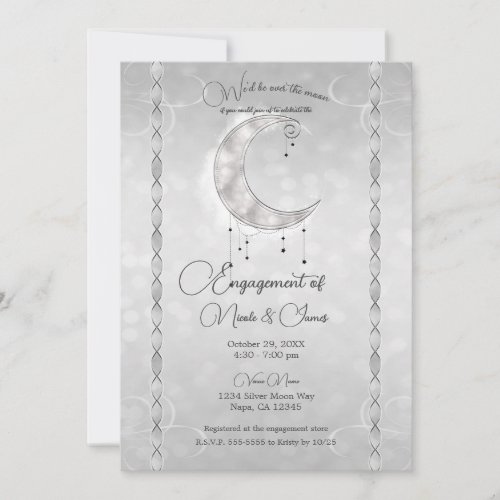 Silvery White Crescent Moon Stars Engagement Party Invitation