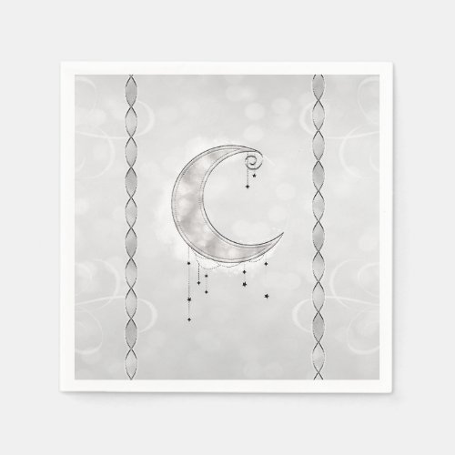 Silvery White Crescent Moon Stars Engagement Party Napkins