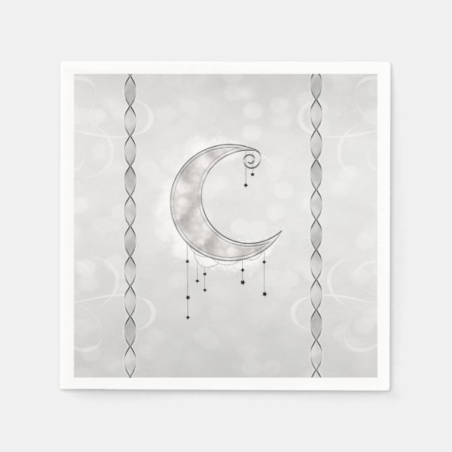 Silvery White Crescent Moon Stars Engagement Party Napkins (Front)