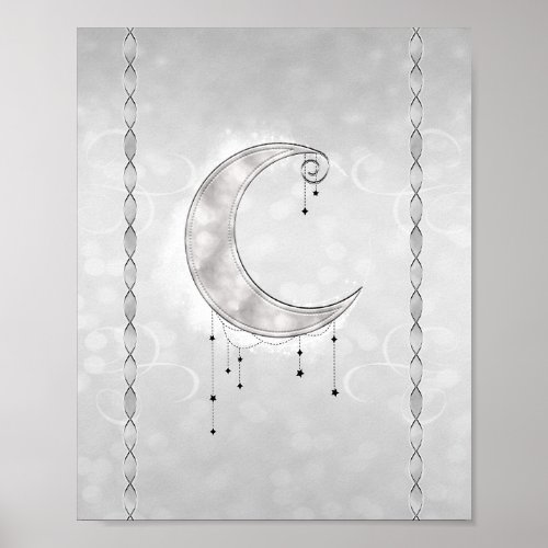 Silvery White Crescent Moon Stars Engagement Party Poster