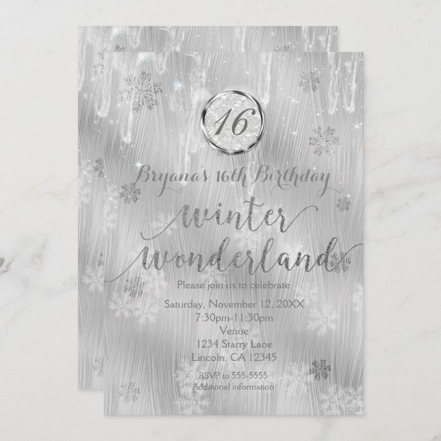 Silvery White Snowflakes Winter Invitations (Front/Back)