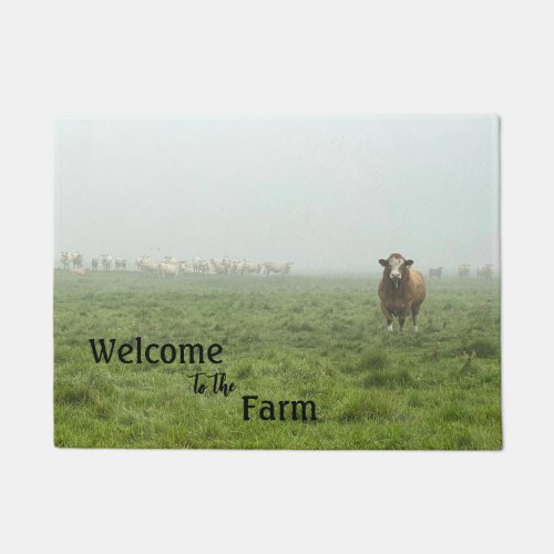 Simmental Bull in Foggy Green Pasture Doormat