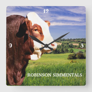 Simmental Bull in Pasture Square Wall Clock