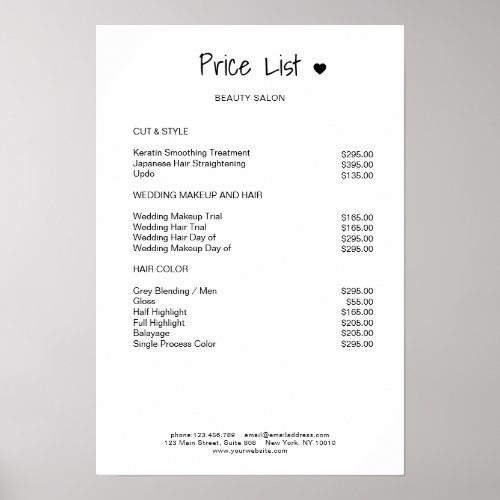 Simpel Black White Price List Poster