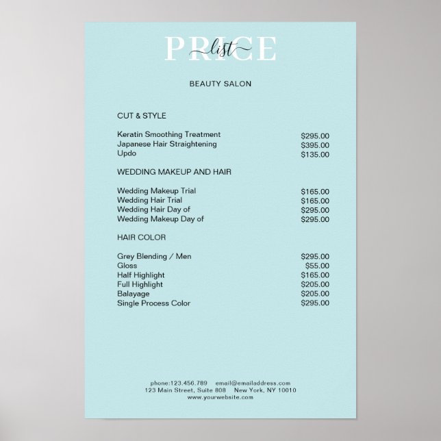 Simpel Blue Price List Poster (Front)