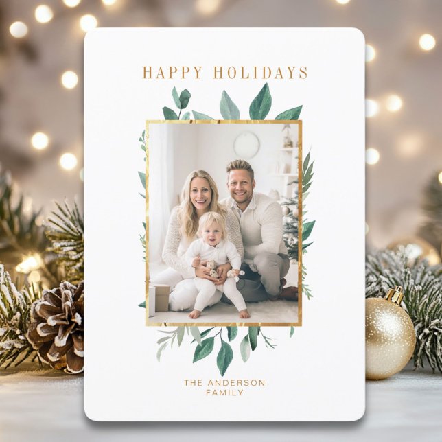 Simpel  Leafy, Gold 1 Photo Holiday Card (Happy Holidays! Simpel Leafy, Gold 1 Photo Holiday Card. )
