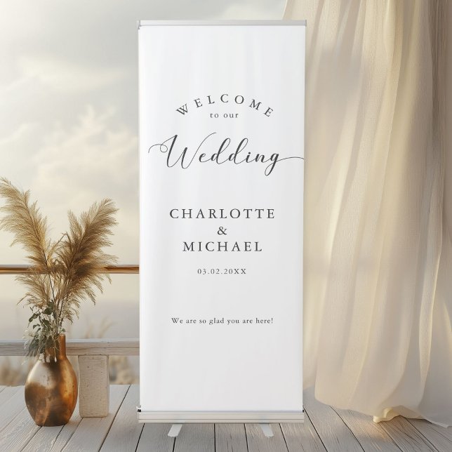 Simpel Wedding  Retractable Banner (Simpel  Elegant Wedding Retractable Banner, White with your names and date.)