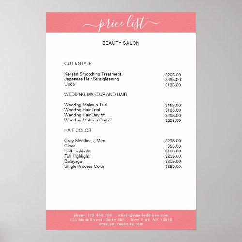 Simpel White Pink Price List Poster