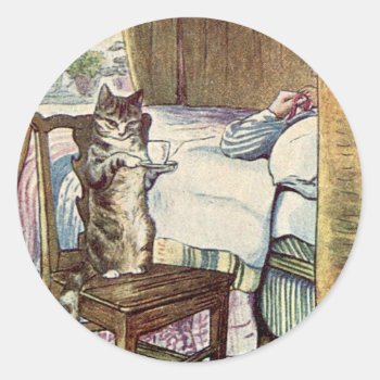 Simpkin The Cat Serves Tea - Beatrix Potter Classic Round Sticker by kidslife at Zazzle