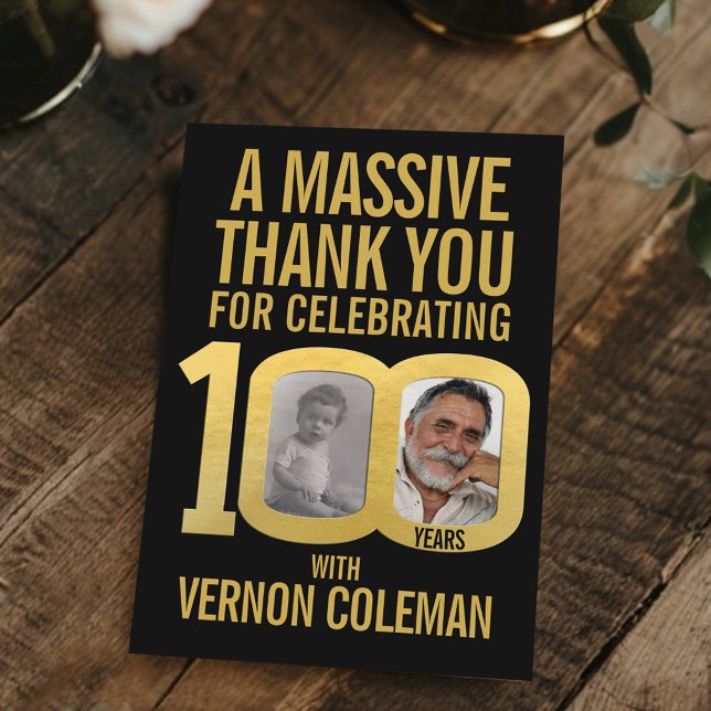 Simple 100th birthday photo black and gold  thank you card (Creator Uploaded)