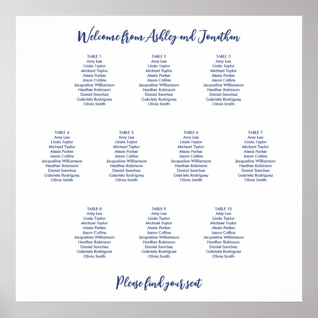 Simple 10 Table Dark Blue Seating Chart (Front)