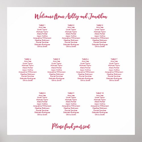 Simple 10 Table Magenta Red Seating Chart