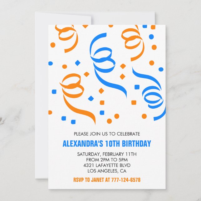 Simple 10th birthday invitations Confetti Blue (Front)