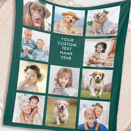 Simple 11 Photo Collage Personalized Emerald Green Fleece Blanket