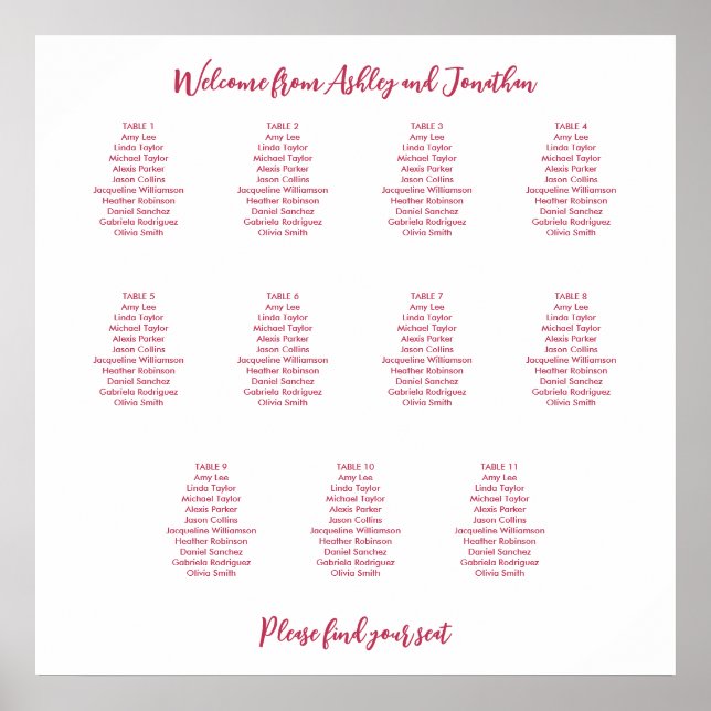 Simple 11 Table Magenta Red Seating Chart (Front)