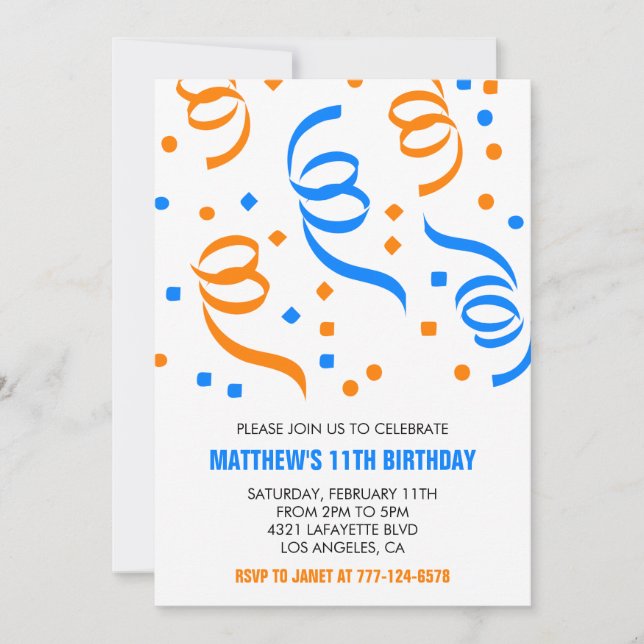 Simple 11th birthday invitations Confetti Blue Boy (Front)