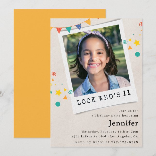 Simple 11th birthday invitations Girl Orange Photo (Front/Back)