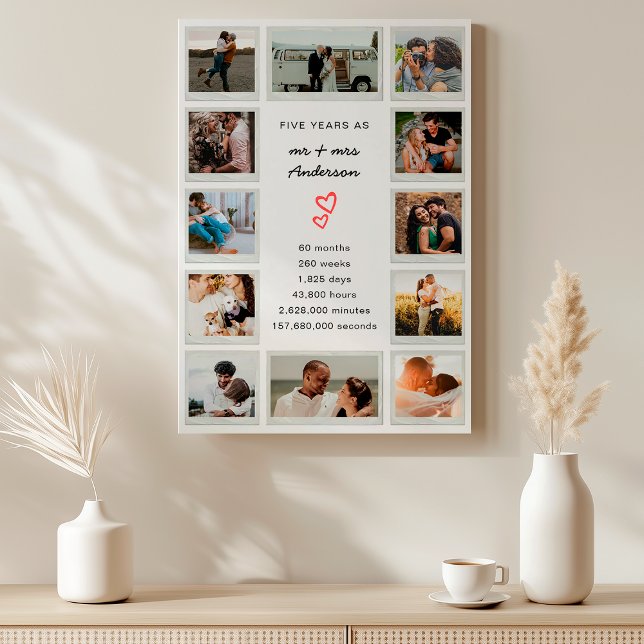Simple 12 Photo Collage 5th Wedding Anniversary Faux Canvas Print (Creator Uploaded)