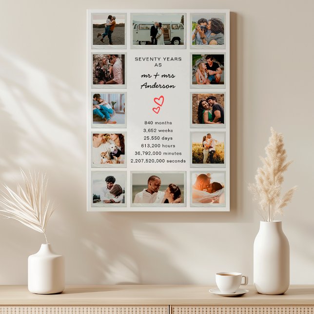 Simple 12 Photo Collage 70th Wedding Anniversary Faux Canvas Print (Creator Uploaded)